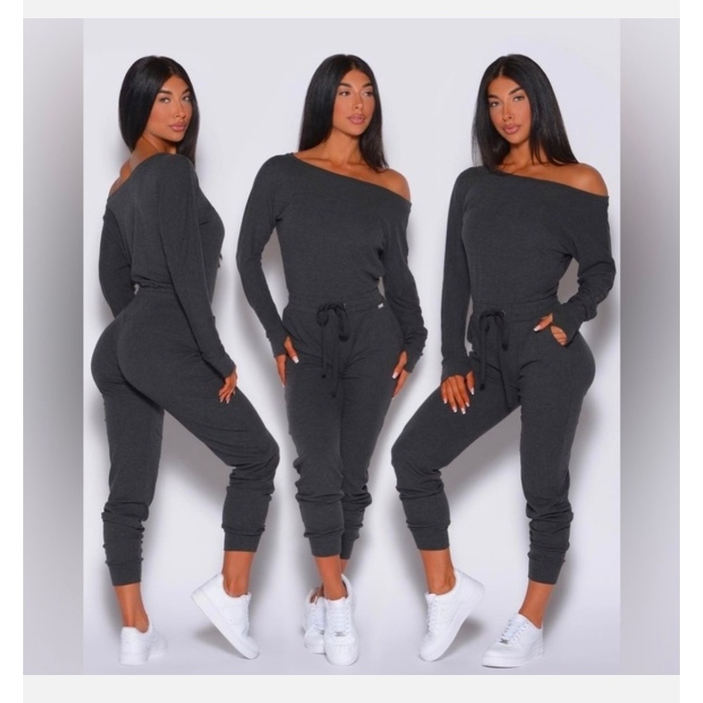Bombshell Sportwear black charcoal off shoulder ribbed jumpsuit sexy sporty gym‎